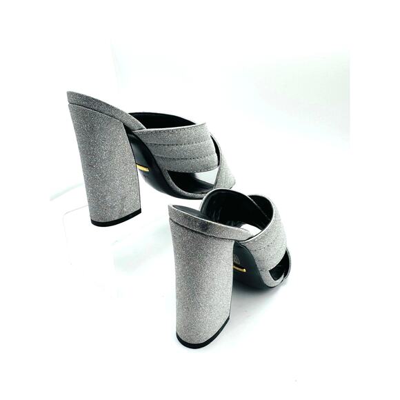 GUCCI Glitter Fabric Webby Crossover High Heel Slide Sandals in Argento 38.5 - Picture 9 of 14